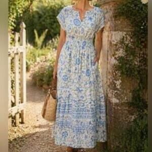 Laura Ashley Coastal Seashell Print Midi Dress Linen Blend Sz XS Beachy Resort